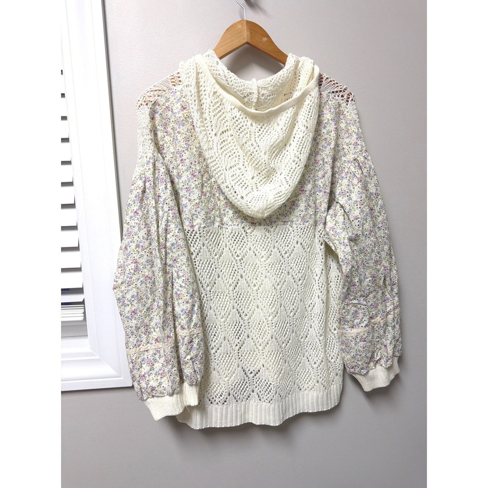 POL Crochet Knit Floral Puff Sleeve Hooded Cardigan Sweater Cream M Y2K Coquette - Picture 11 of 12